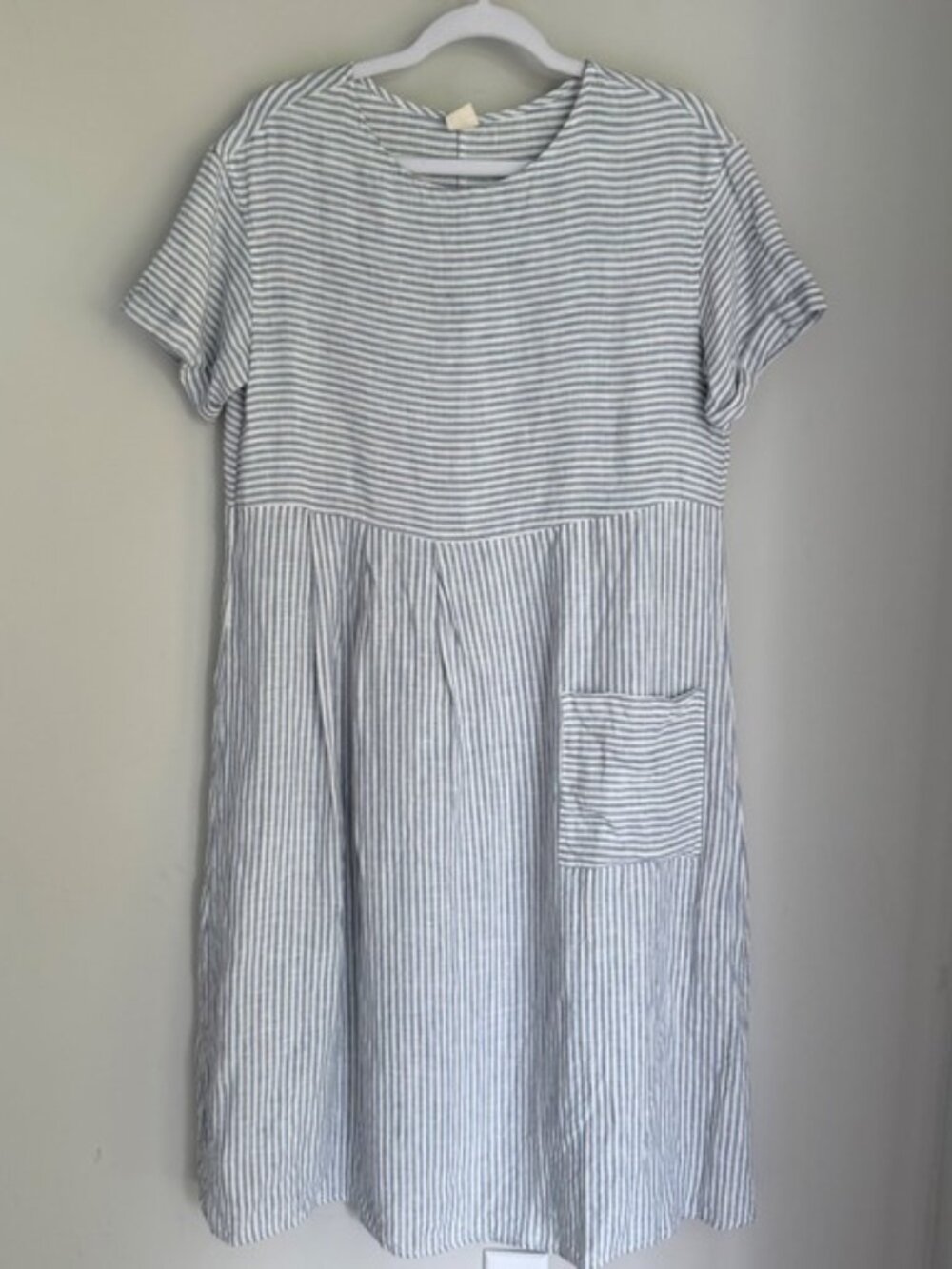 Lintico 100% Linen Midi Dress Blue White Striped Short Sleeve Lagenlook Small